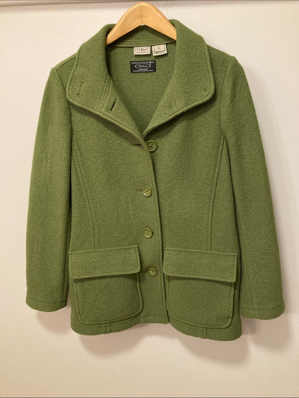 L.L. Bean Women's Olive Green Wool Pea Coat with Flap Pockets